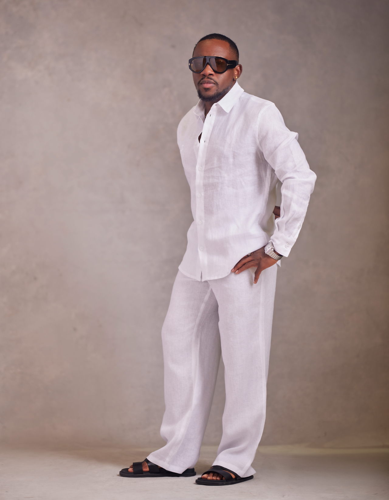 WHITE LINEN WIDE LEG PANTS