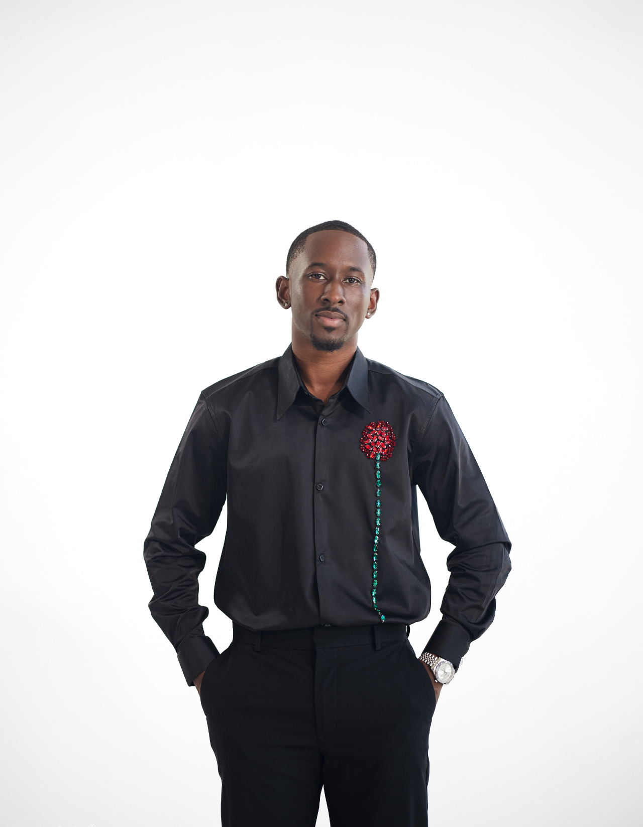 Black Crystal Rose Collared Shirt