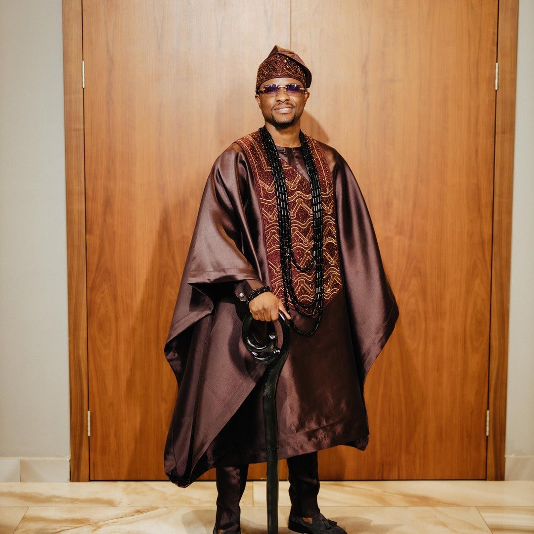 Brown Micado Beaded Embroidered Agbada
