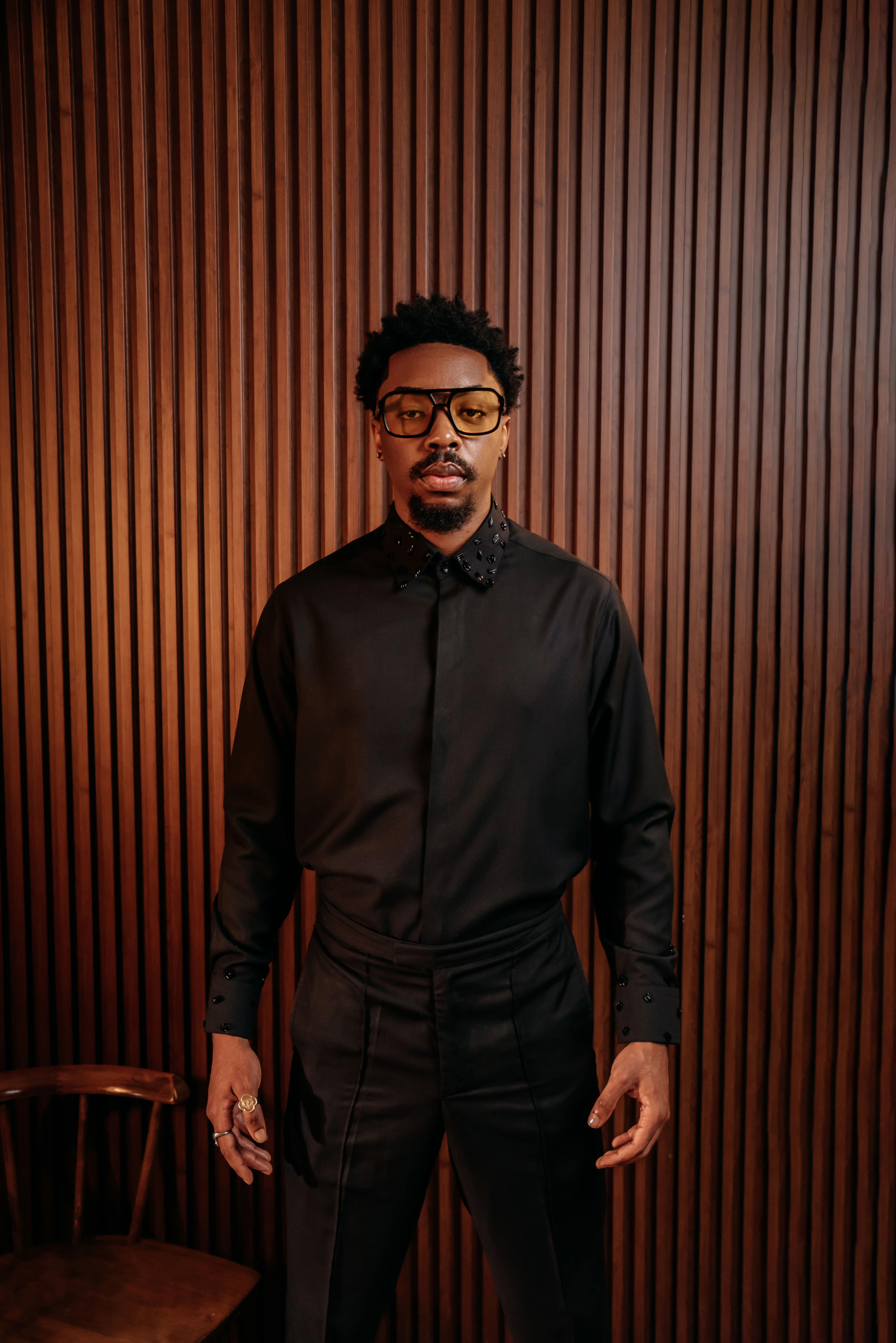 Black Long Sleeve Beaded Collared Shirt – David Scott