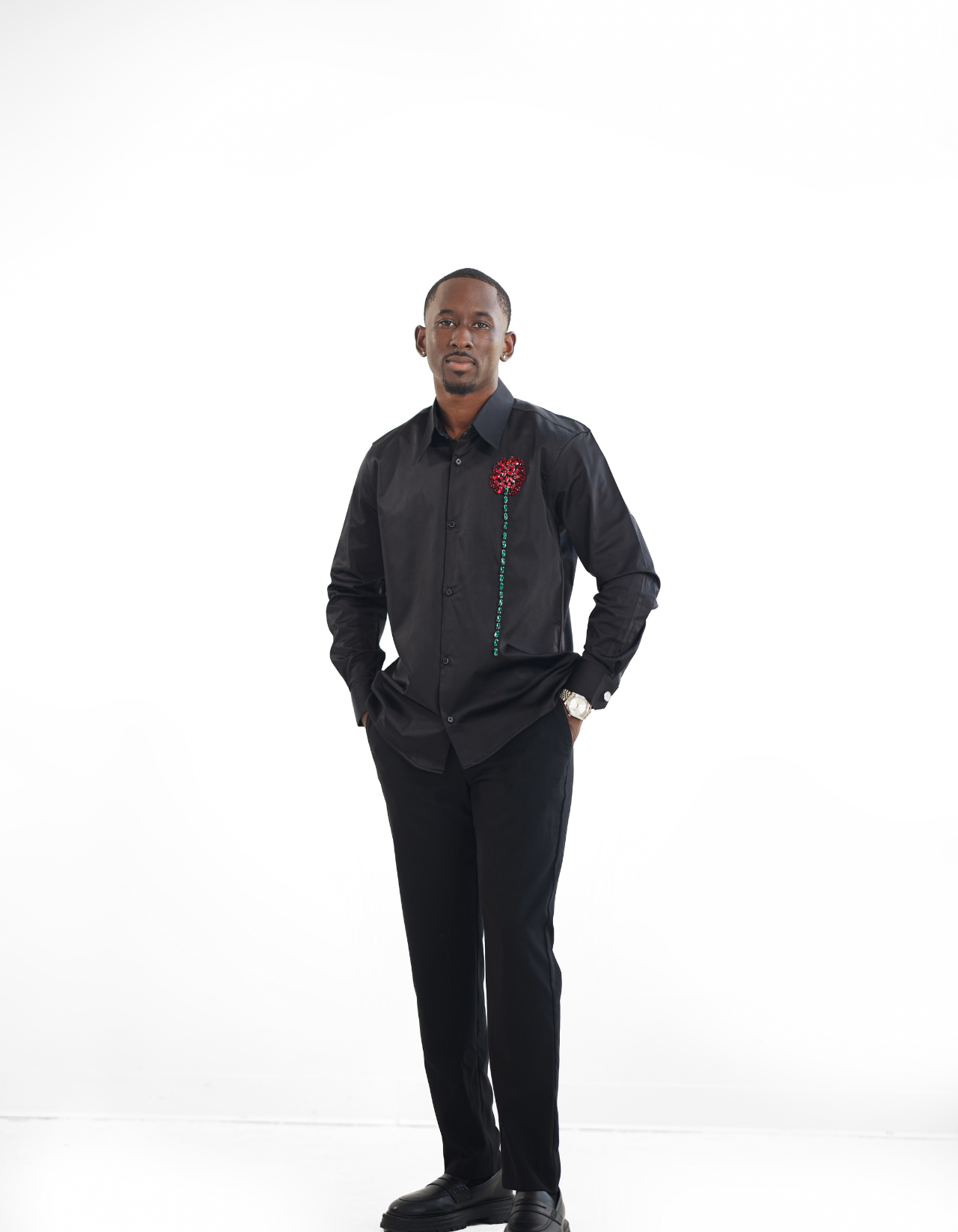 Black Crystal Rose Collared Shirt