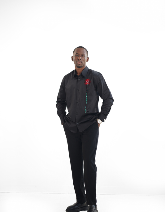 Black Crystal Rose Collared Shirt