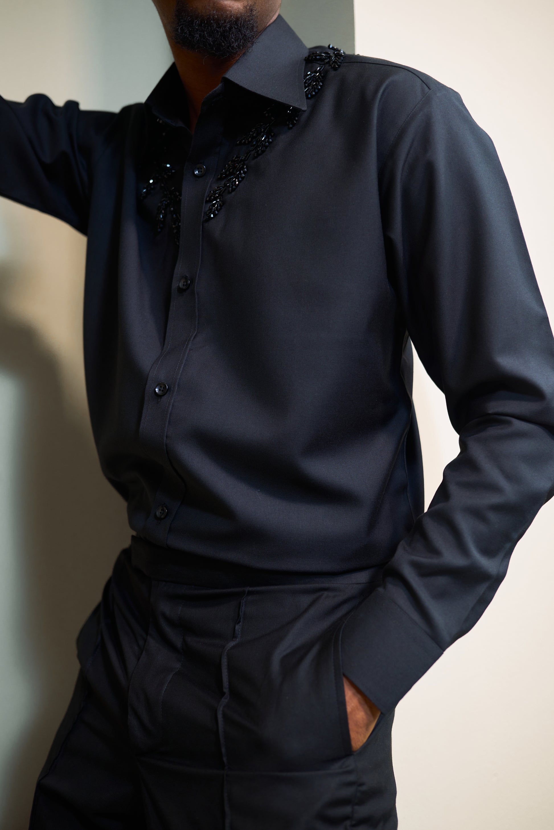 Black Embellished Long-Sleeve Shirt David Scott