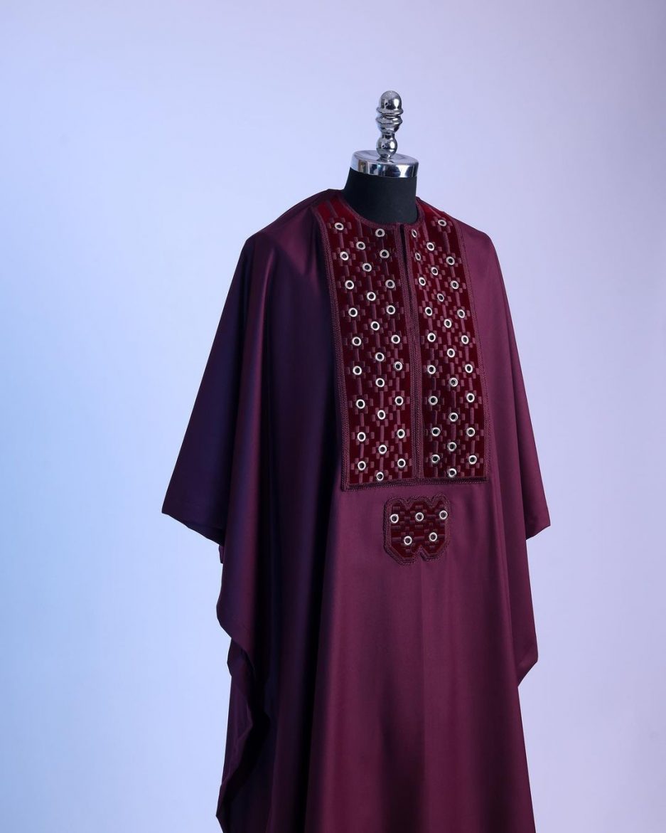 Red Wine Dotted Embroidery Agbada David Scott