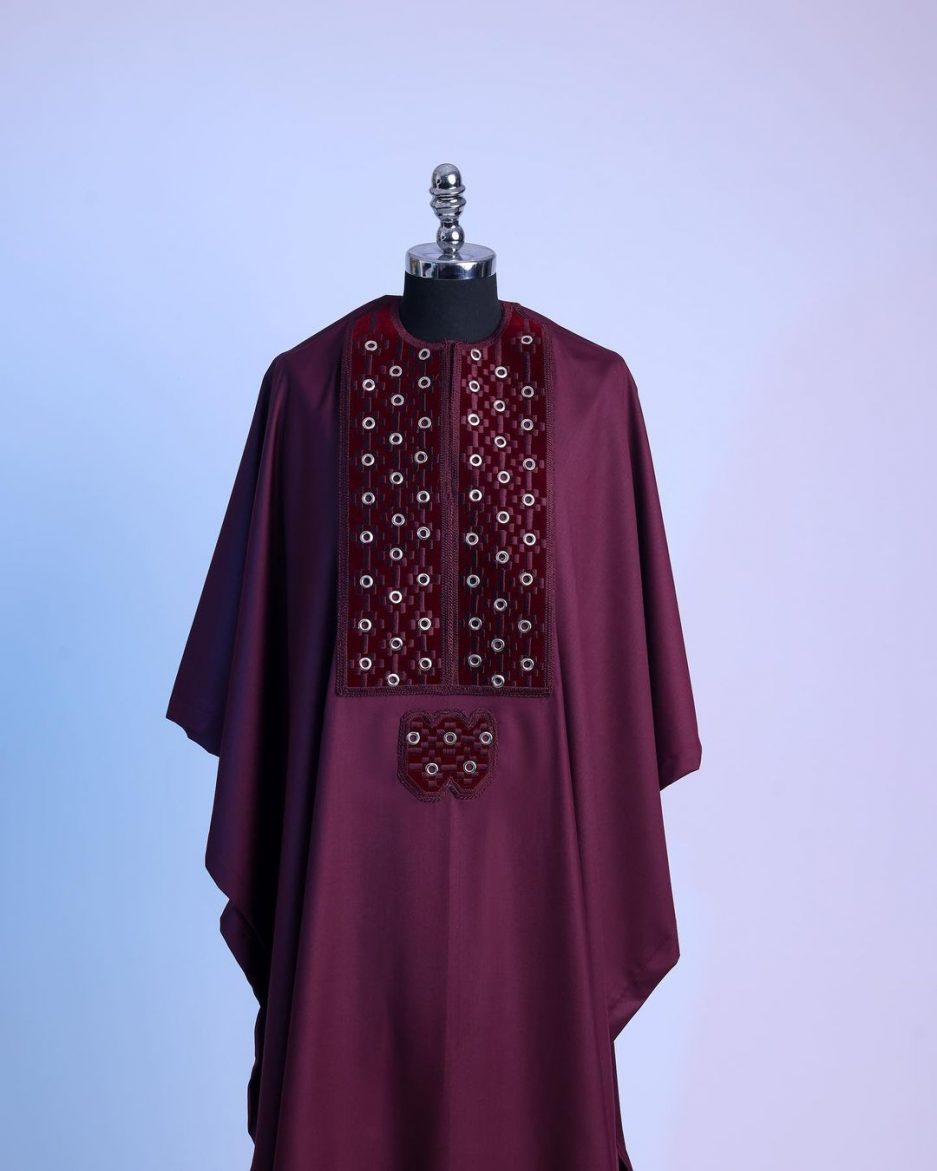 Red Wine Dotted Embroidery Agbada David Scott