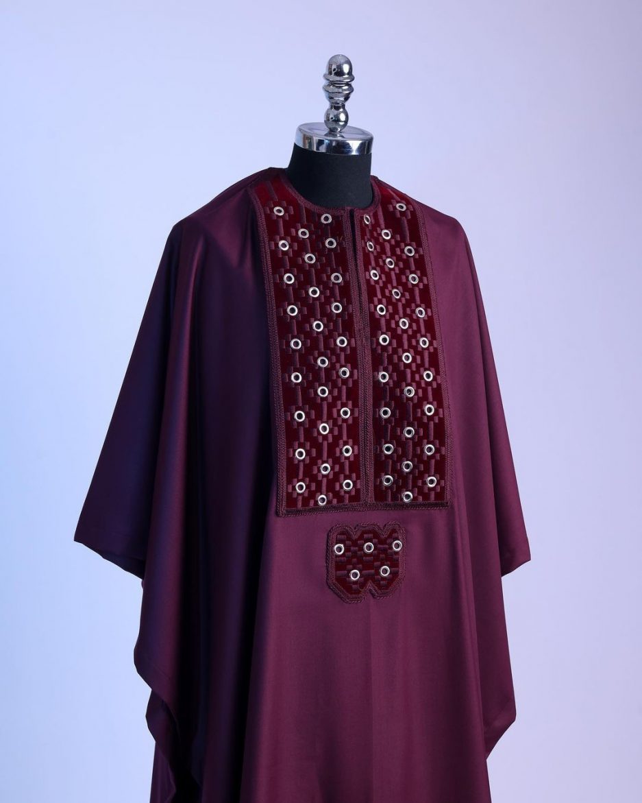 Red Wine Dotted Embroidery Agbada David Scott