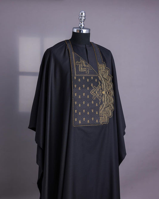 Black Embroidered Agbada with Gold Details