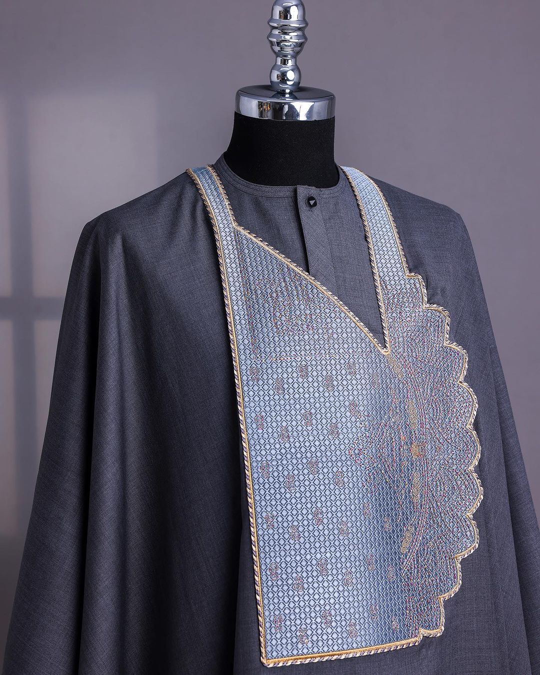 Grey Embroidered Agbada with Gold Details