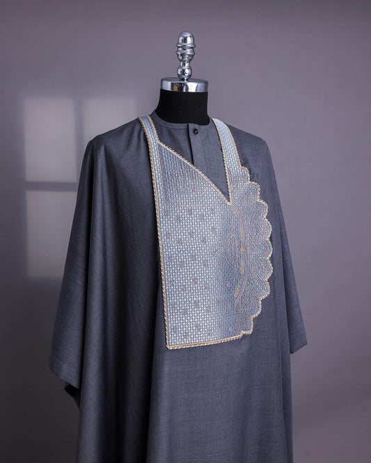 Grey Embroidered Agbada with Gold Details