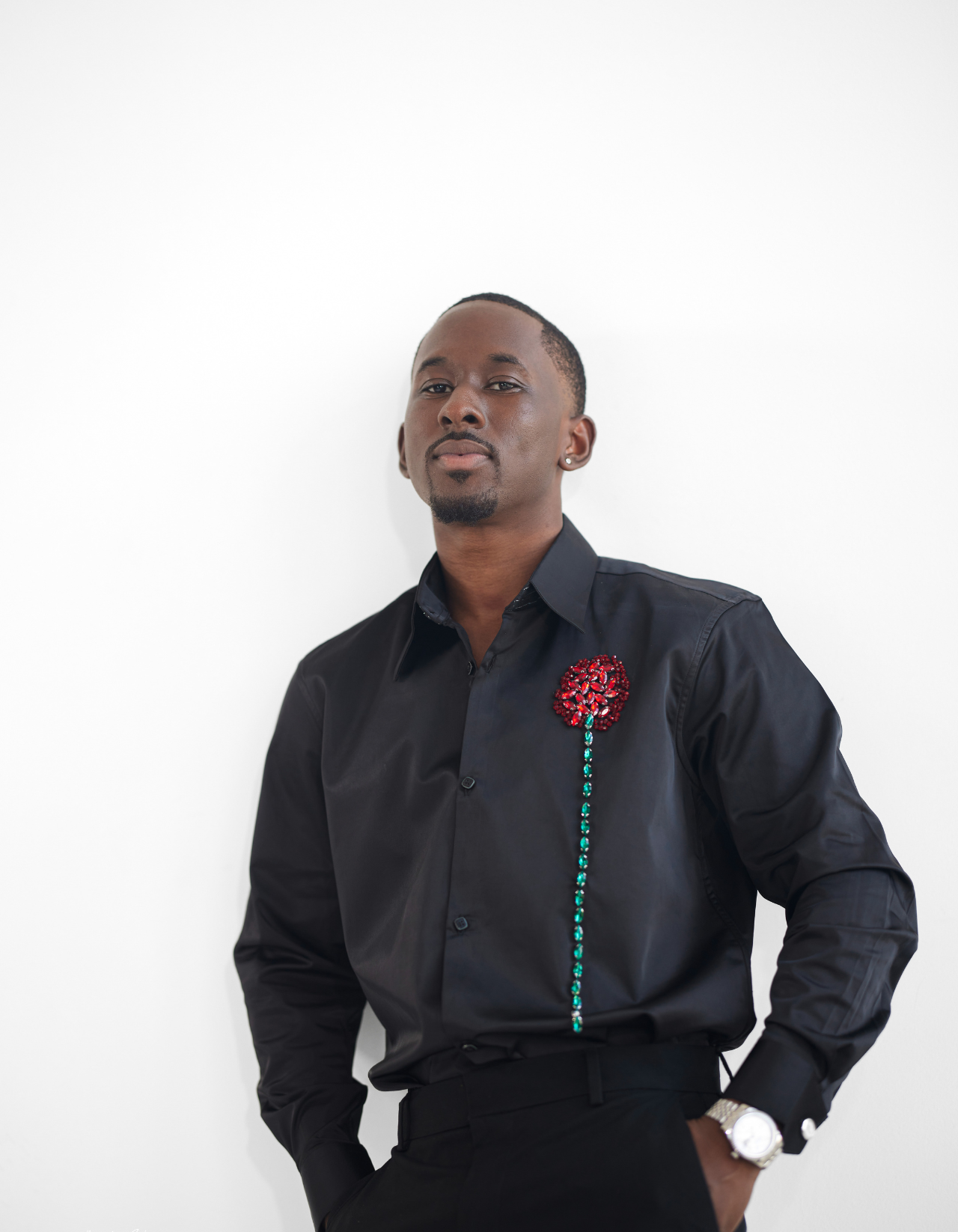 Black Crystal Rose Collared Shirt