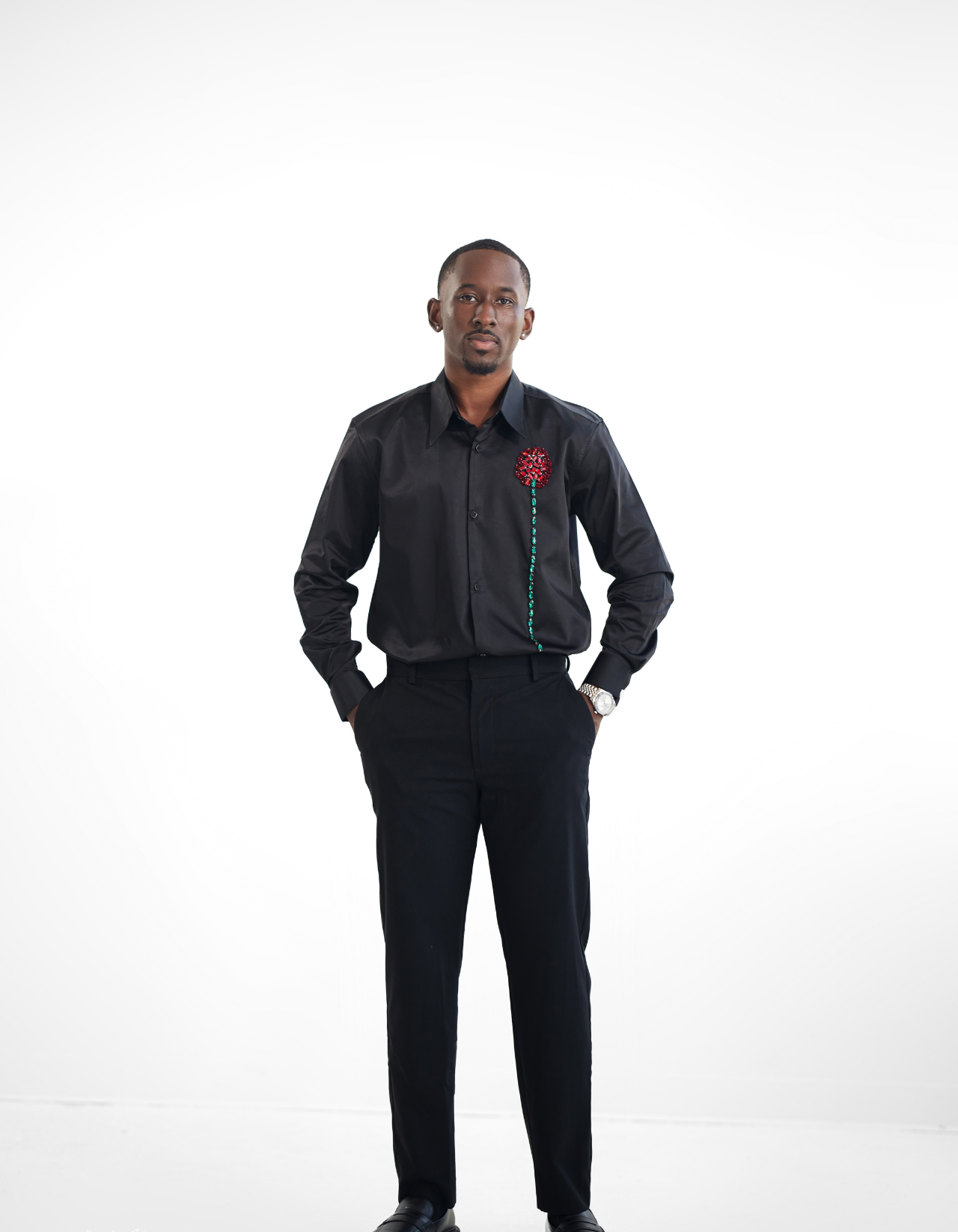 Black Crystal Rose Collared Shirt