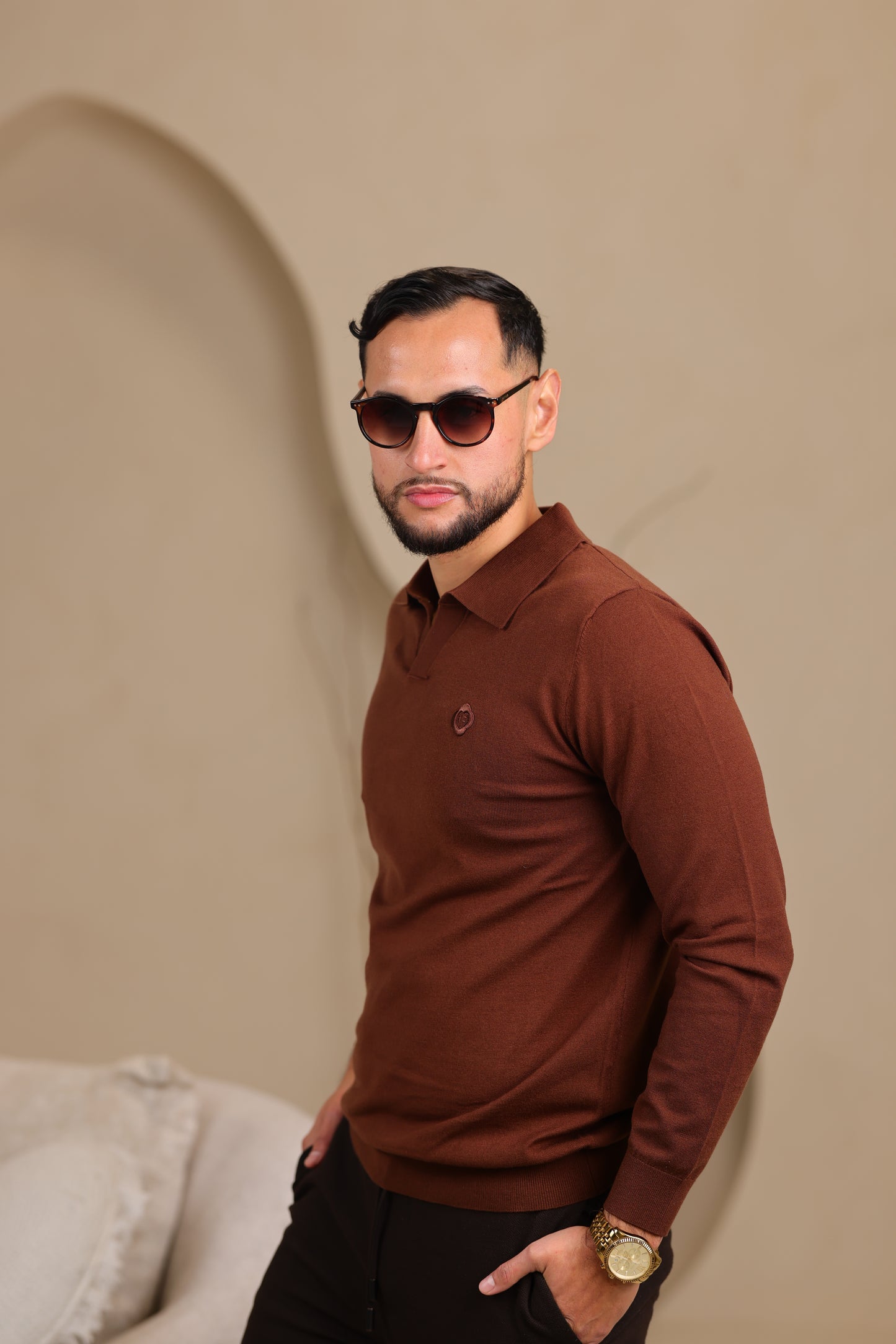 Brown Long Sleeve Knit Polo