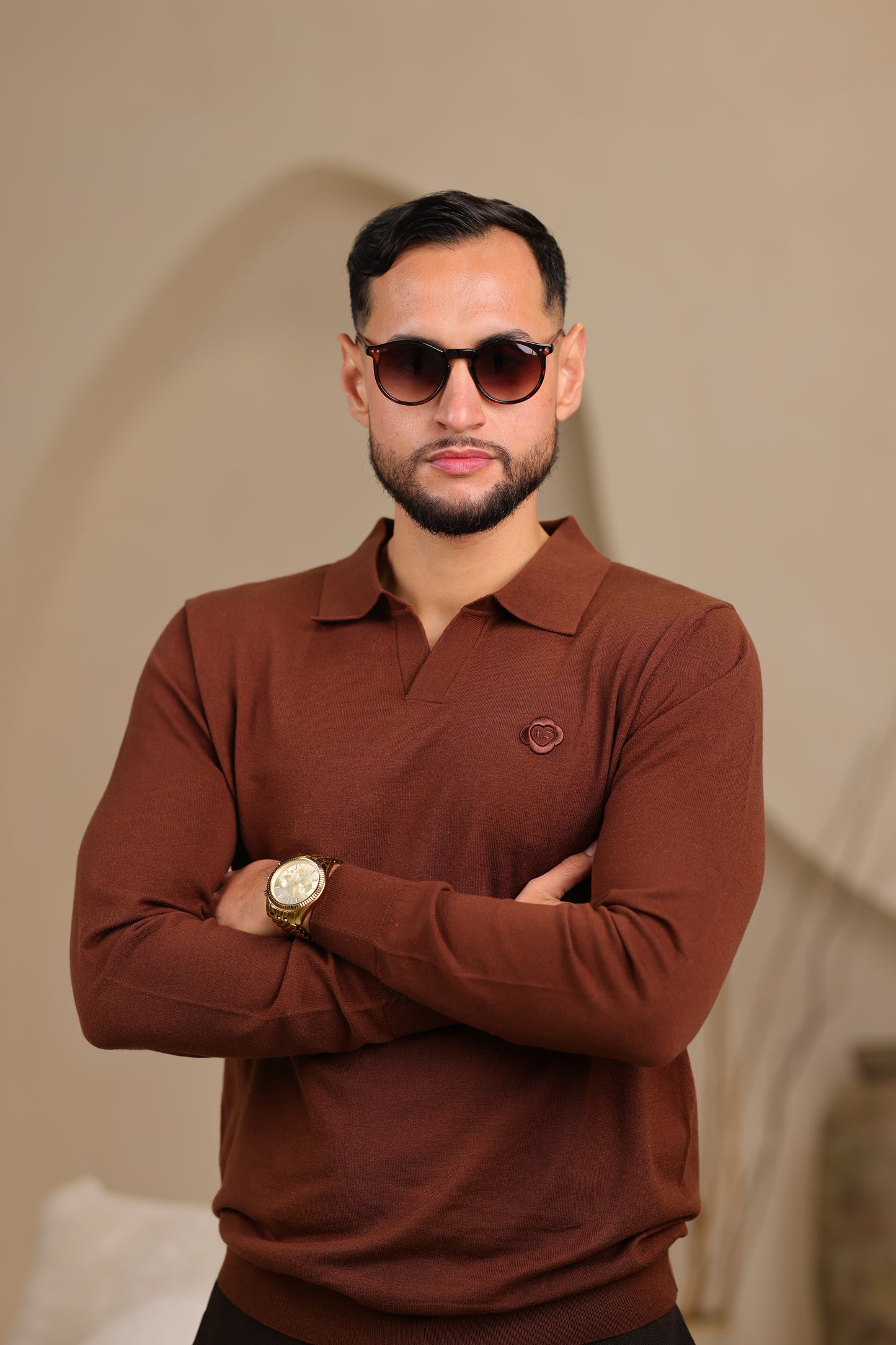 Brown Long Sleeve Knit Polo