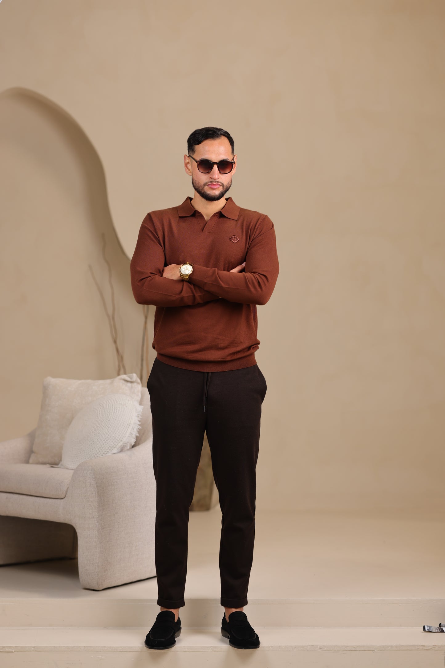 Brown Long Sleeve Knit Polo