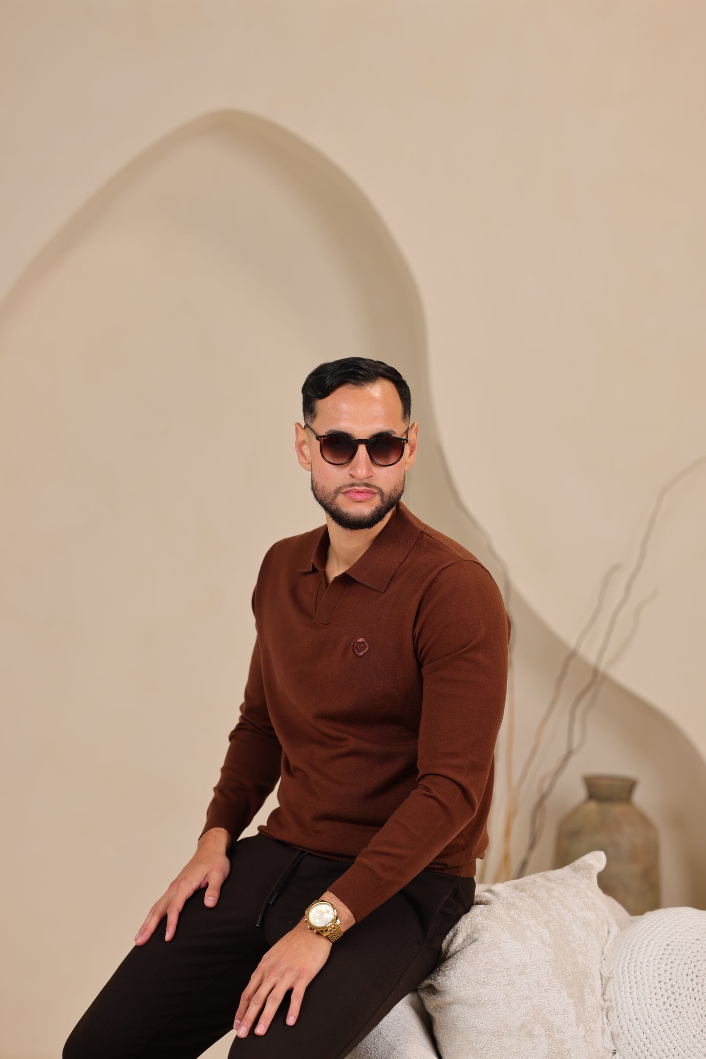 Brown Long Sleeve Knit Polo