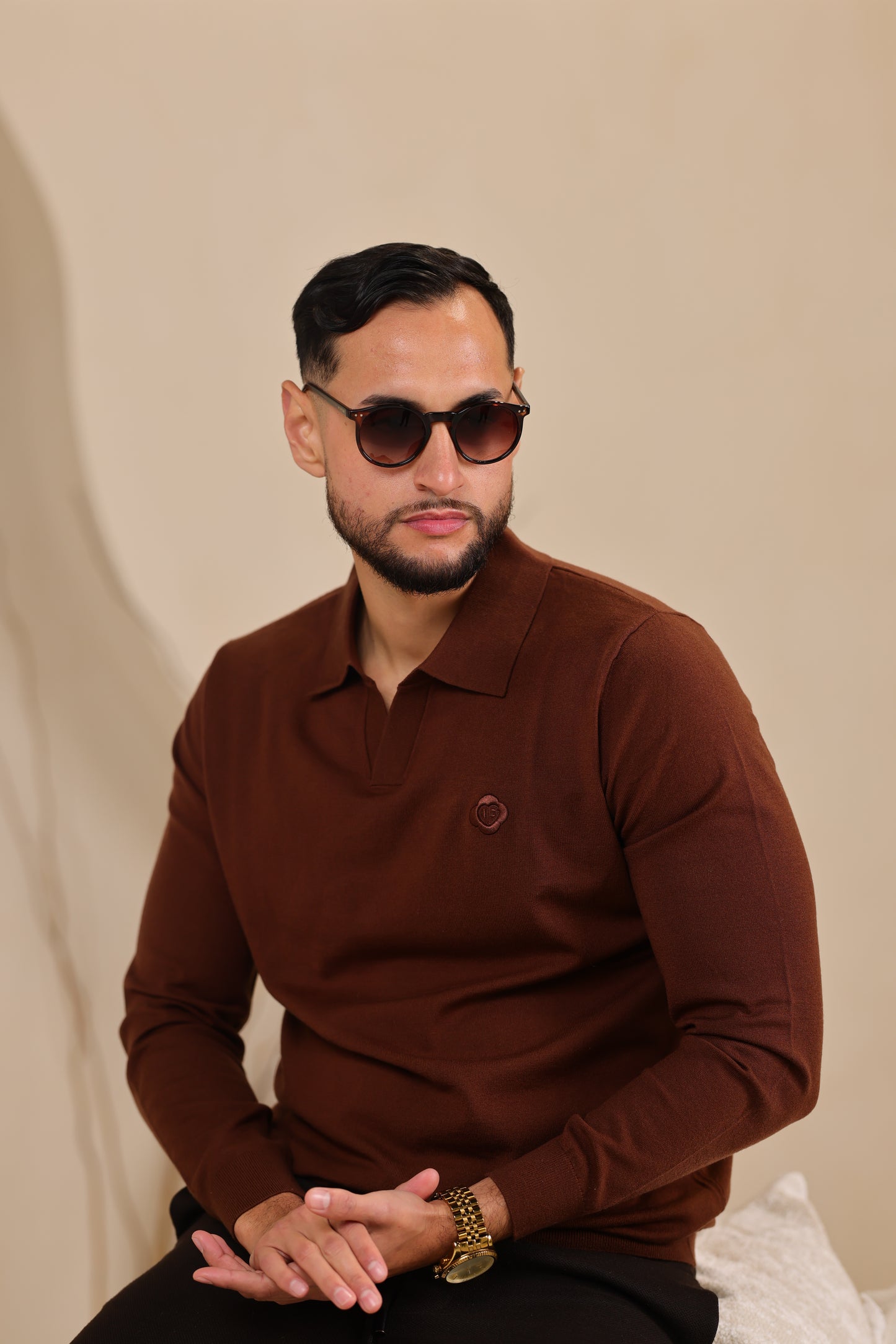 Brown Long Sleeve Knit Polo