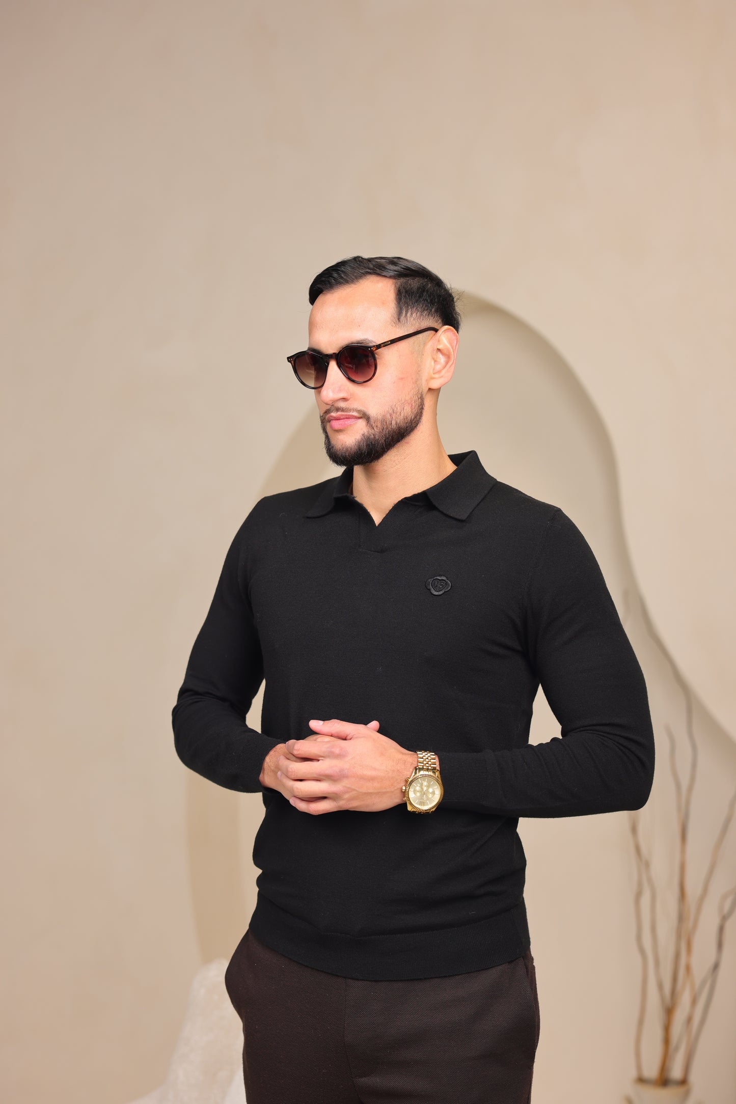 Black Long Sleeve Knit Polo