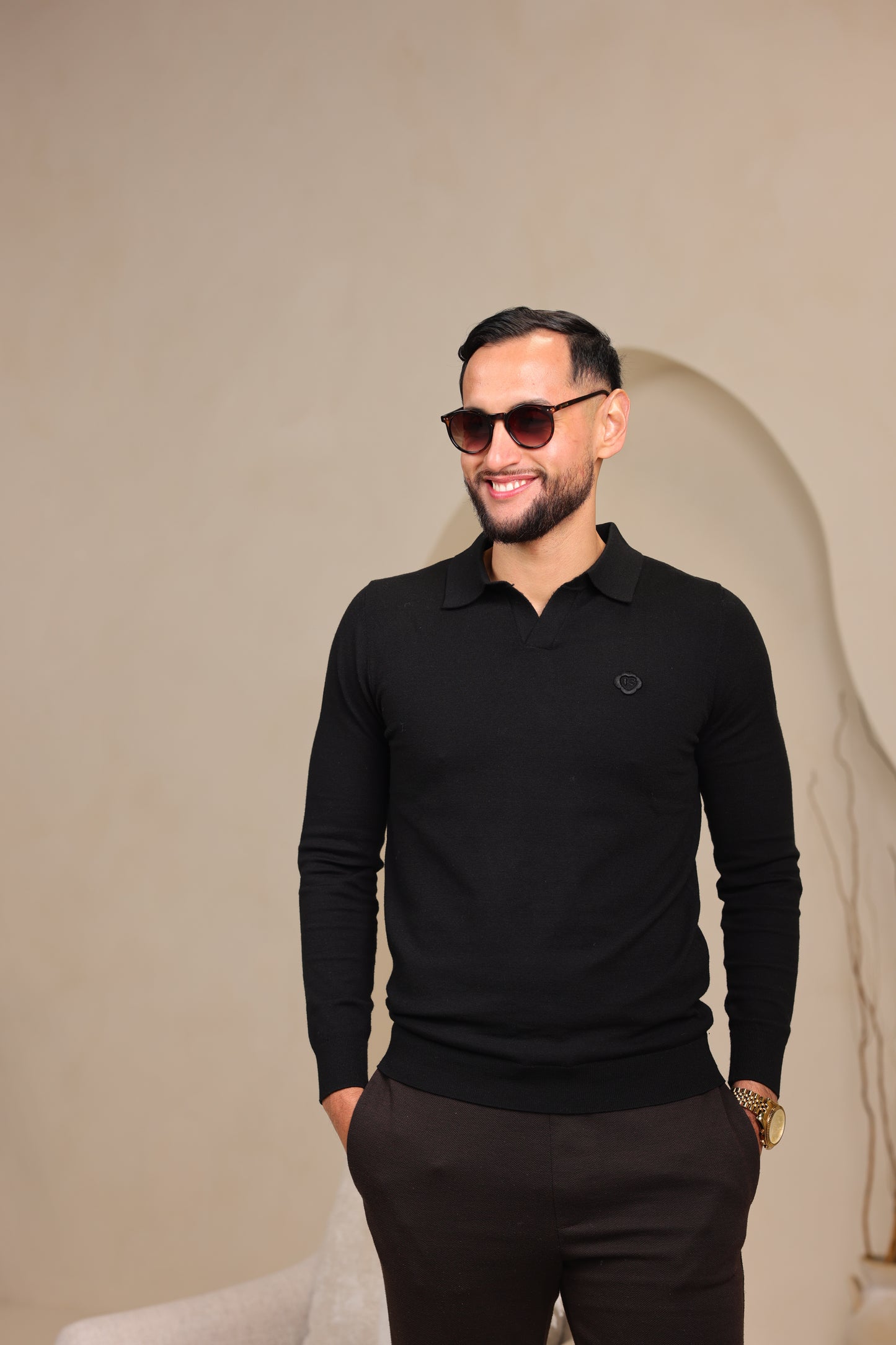 Black Long Sleeve Knit Polo