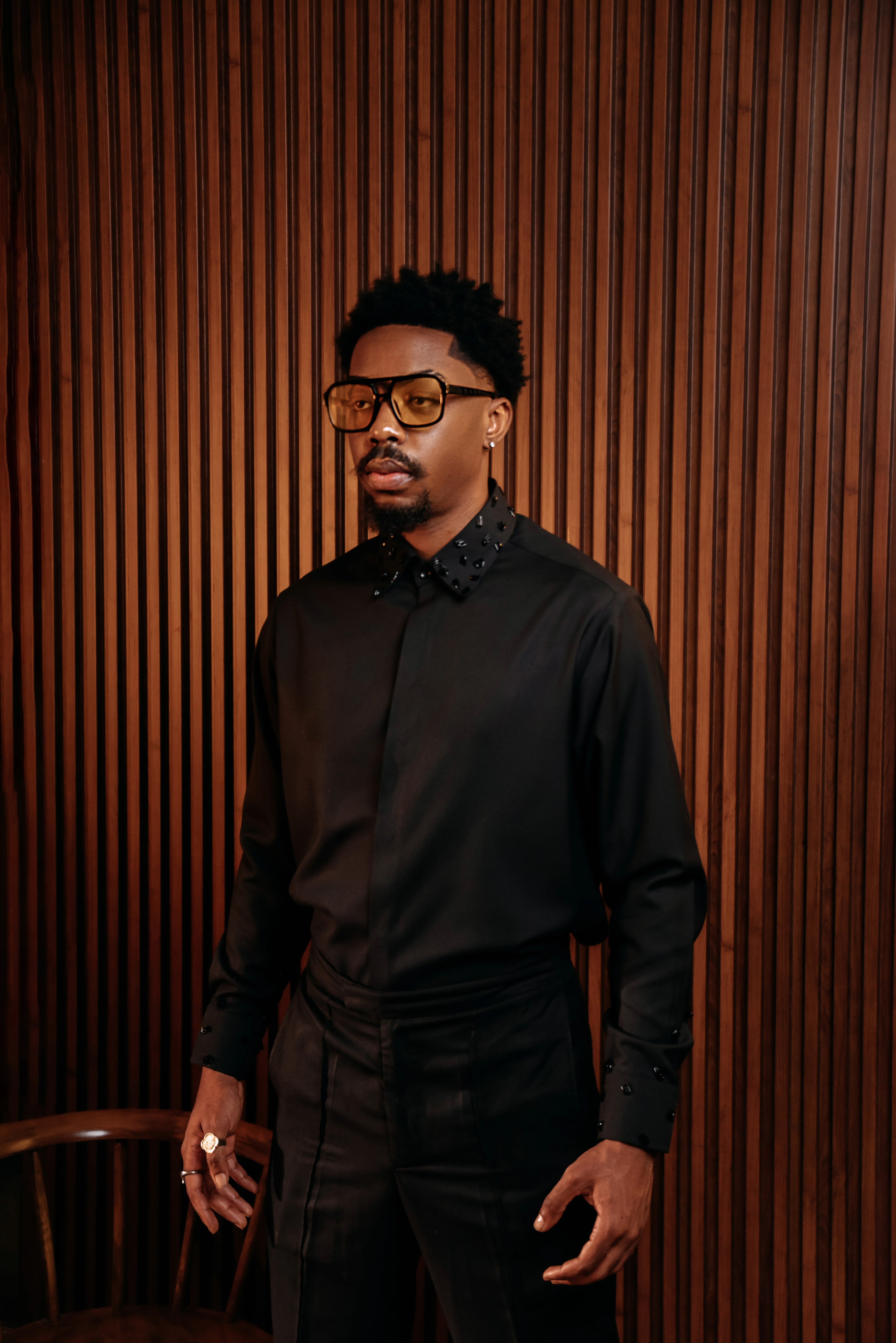 Black Long Sleeve Beaded Collared Shirt – David Scott