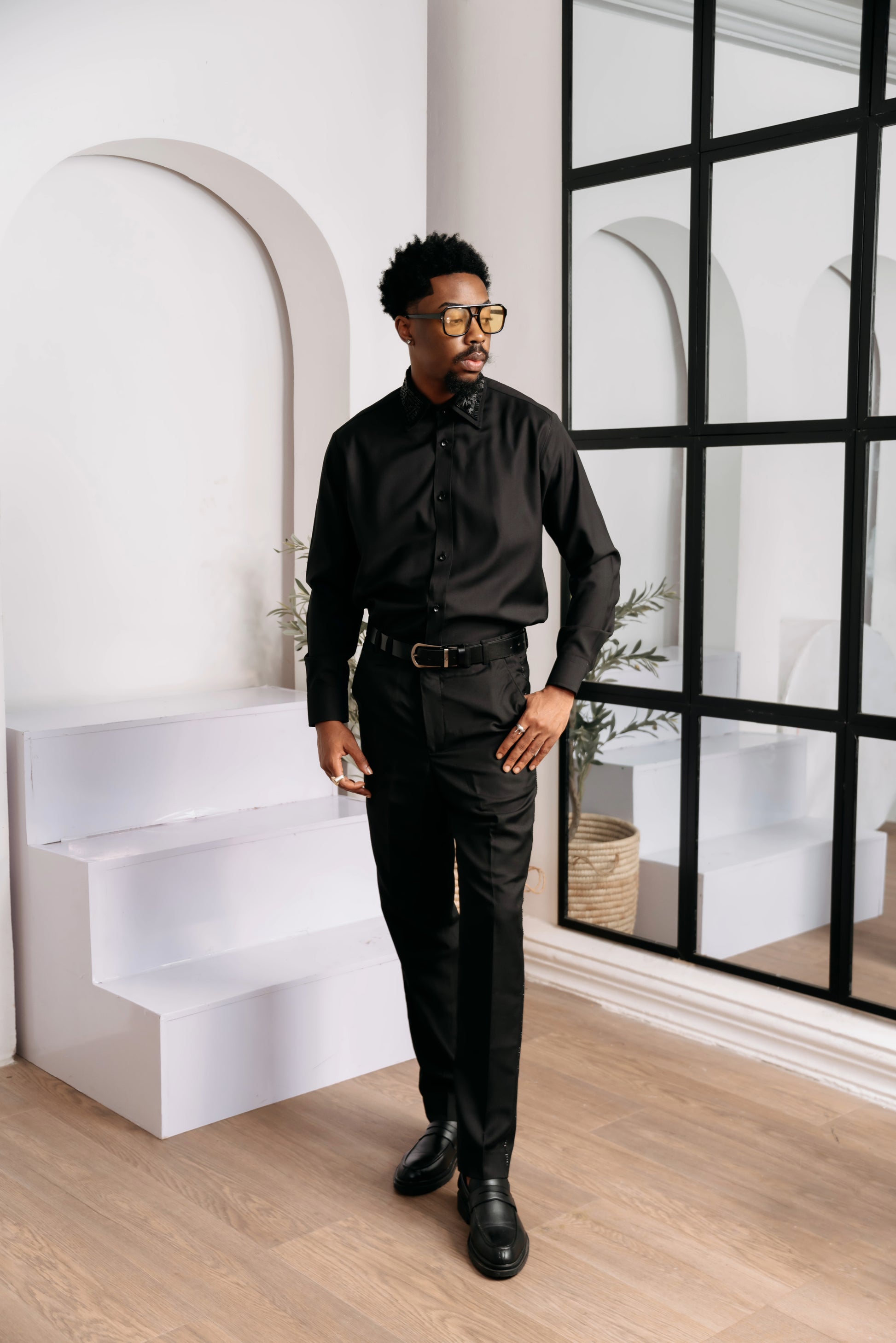 Black Long Sleeve Stoned Collared Shirt Black Long Sleeve Stoned Collared Shirt