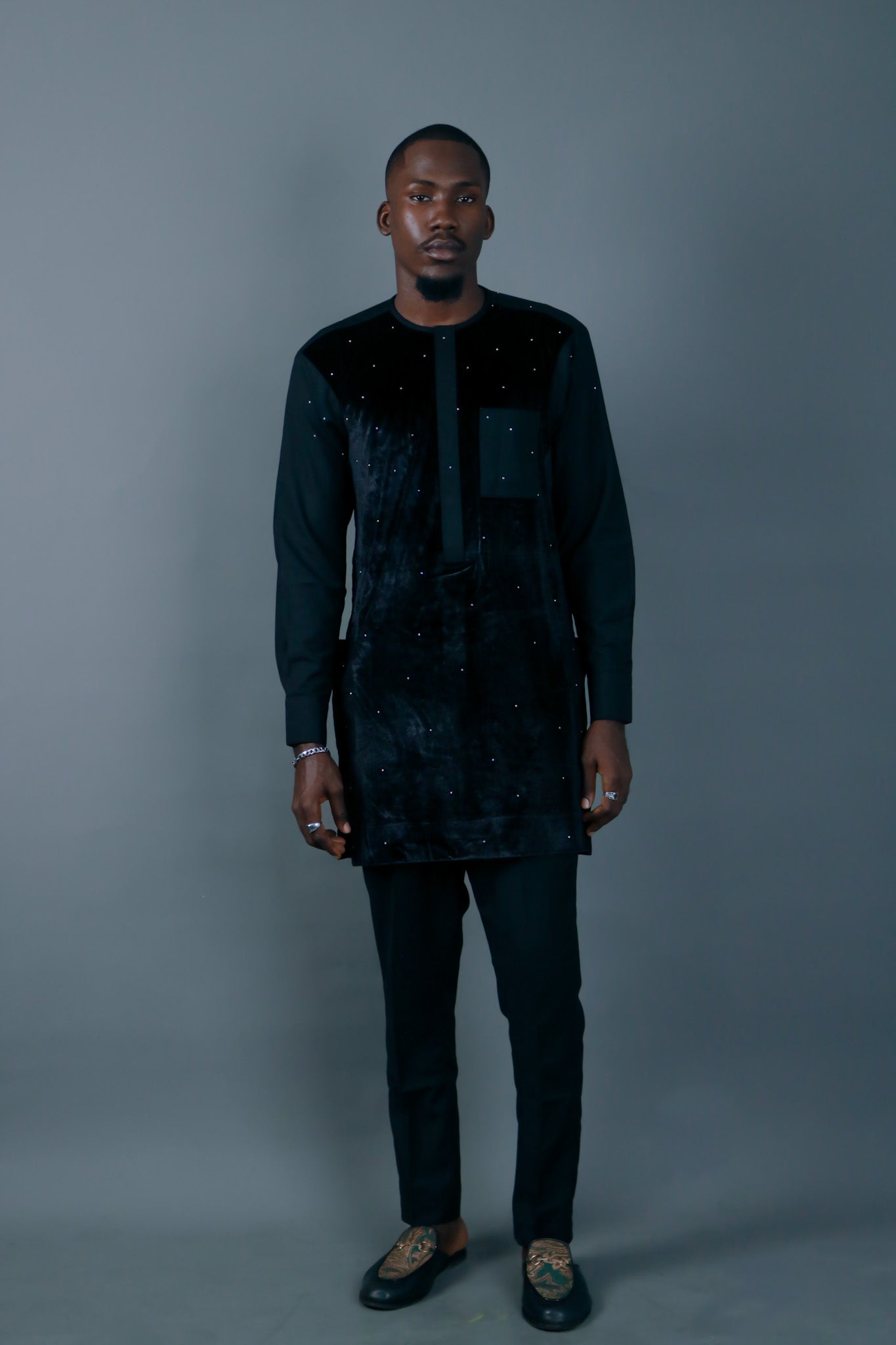 Black Abstract Velvet Stoned Agbada Kaftan by DavidScott