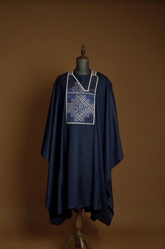 Blue Relaxed Print Agbada with Stone Detail